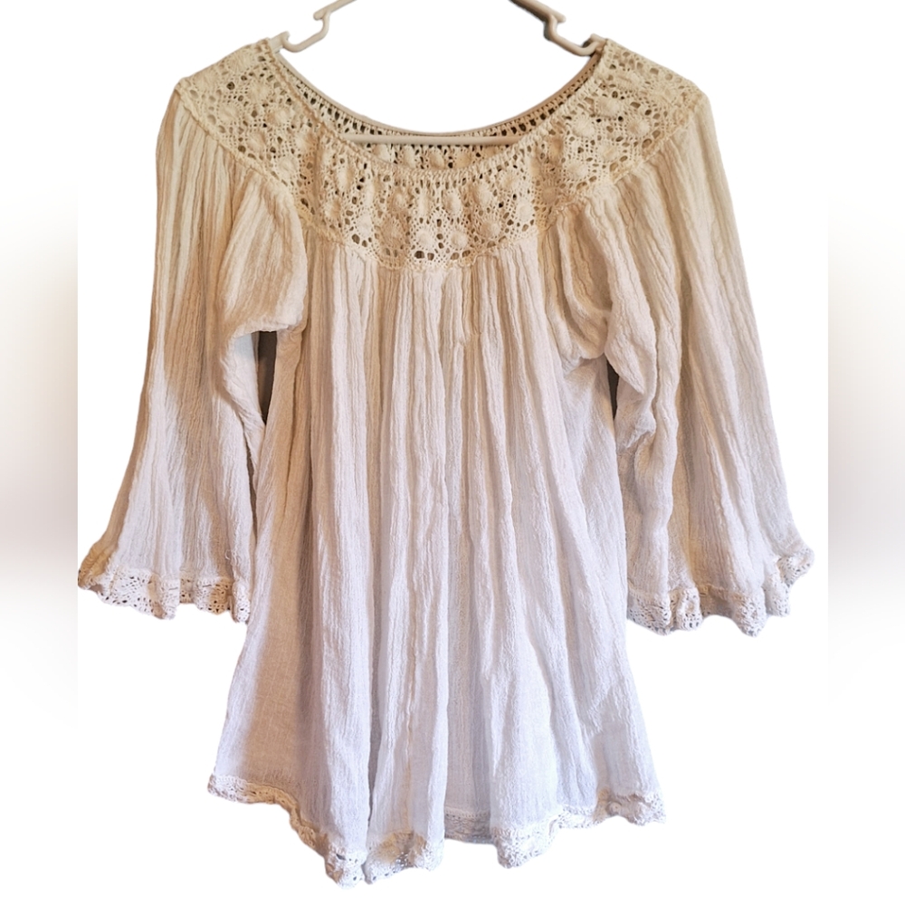 Jens Pirate Booty X Free People SZ S Crochet Lace Gauze Swing Blouse Boho Top